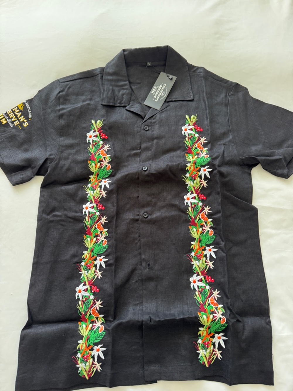 Men's Black Embroidered Floral Button-Down Camp Shirt